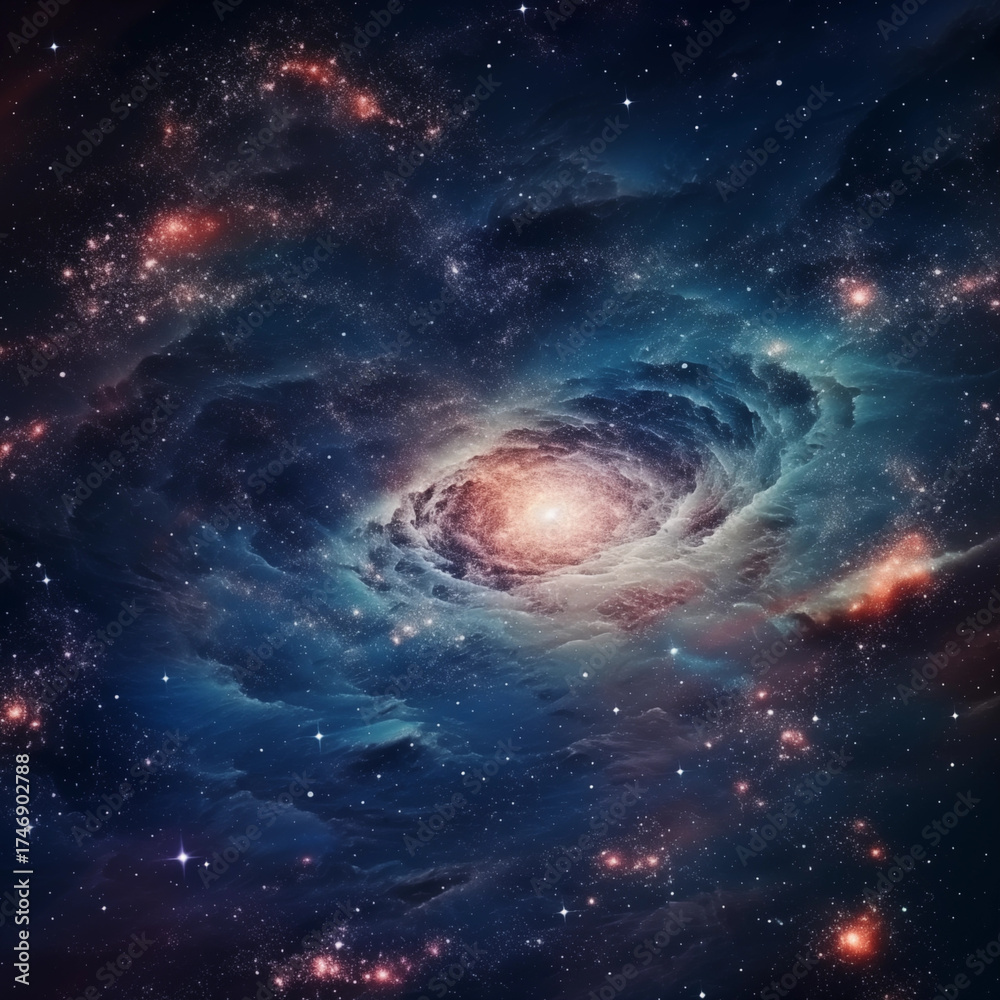 Obraz premium A vibrant blue and red nebula in outer space with numerous shining stars and dust clouds