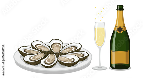 Illustration shows a plate of oysters champagne glass and bottle on a white background