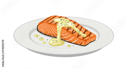 Grilled salmon fillet on a plate topped with creamy sauce and black pepper