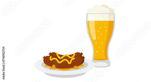 Illustration of two sausages with mustard on a plate next to a glass of beer