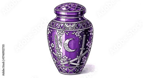 Ornate Purple Urn with Japanese Designs Against a White Background