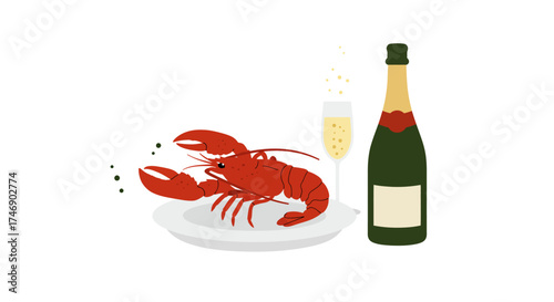 Lobster on a plate next to a champagne glass and bottle
