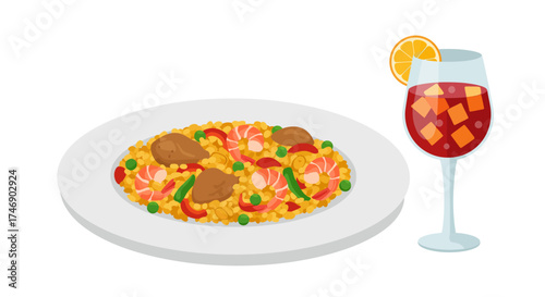Paella on a plate with a wine glass and an orange slice