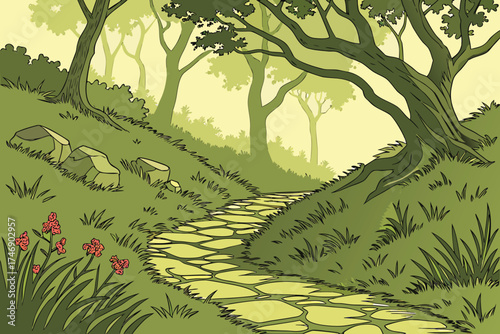  a pathway through a lush green forest, detailed rocky path winding through tall grass and wildflowers, dappled sunlight filtering through the canopy of trees, serene and tranquil atmosphere, vibran