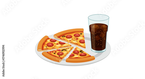 Pizza slices on a plate next to a full glass of soda