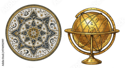 Celestial floor mosaic tile and golden armillary sphere on white background.