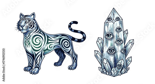 Mystical Tiger and Eye Crystal Conjure a Whimsical and Spiritual Scene