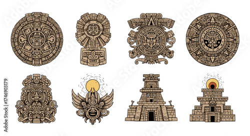 Ancient Mayan civilization symbols, iconic imagery of Mesoamerican culture and history