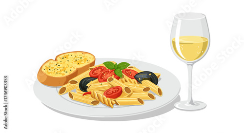 Plate of pasta with tomatoes basil olives and garlic bread beside a glass of white wine