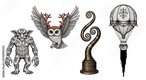 Mystical Creatures and Objects: A Fantastic Collage of Artistic Illustrations