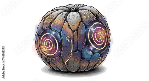 Cosmic pumpkin reveals the universe through spiral portals and painted stones.