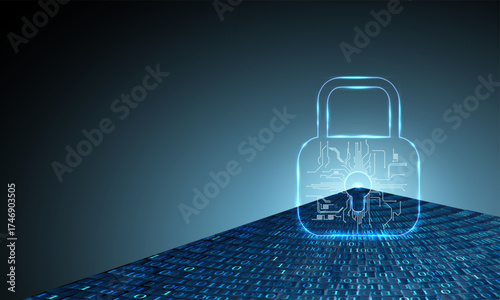 Shining Lock on the blue background with binary code.