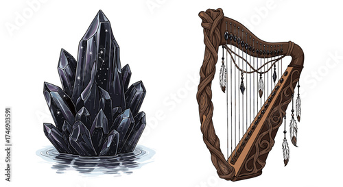 Enchanting Mystical Elements: Dark Crystal Cluster and Feather Adorned Harp