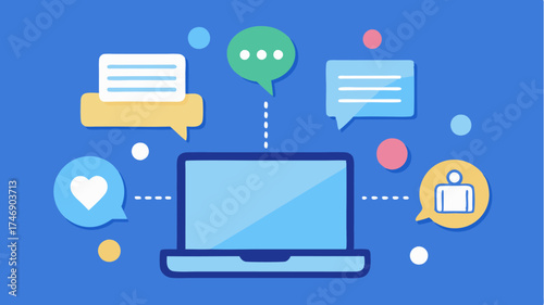 Graphical social media icons and chat bubbles surrounding a laptop indicating realtime interactions during an online event.