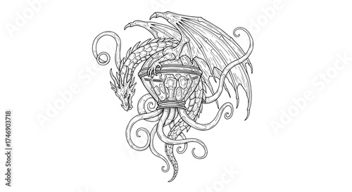 Intricate Dragon Illustration Coiled Around Ornate Chalice, Line Art Style