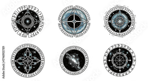 Mystical Nordic Runes Featuring Celestial Designs Against a White Background