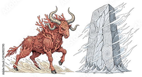 Mythical Minotaur with Coral Texture Confronting Monolith on White Background