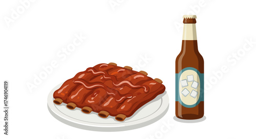 Ribs with BBQ sauce on a plate and a cold bottle of beer on a white background