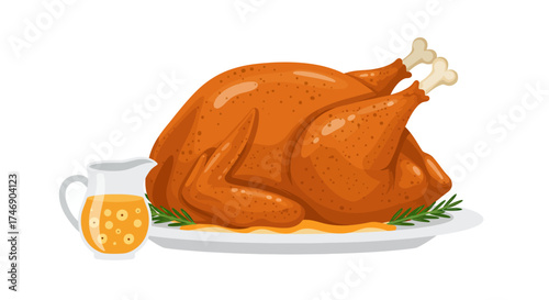 Roasted turkey on a plate with gravy and rosemary sprigs