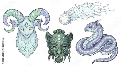 Mystical Creatures and Ancient Symbols Featuring Ram, Meteor, Mask and Serpent