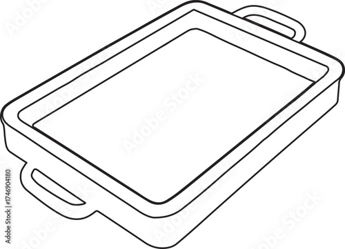 Simple line art illustration of an empty rectangular baking dish with handles on a white background