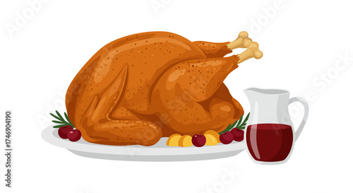 Roasted turkey on platter with cranberries yellow wedges rosemary  gravy