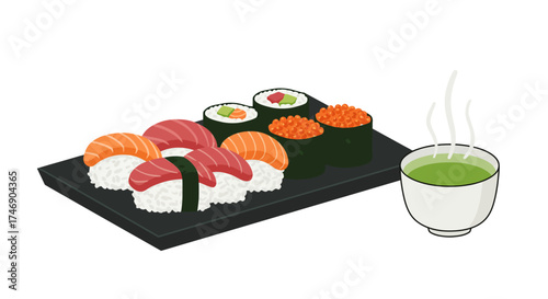 Sushi assortment on a black plate with a cup of steaming green tea