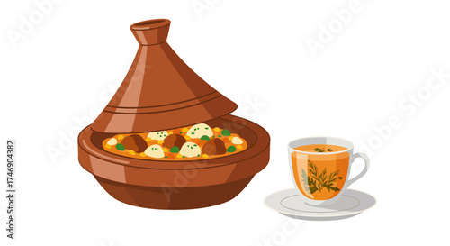 Tagine with lid off showcasing ingredients and a cup of tea next to it
