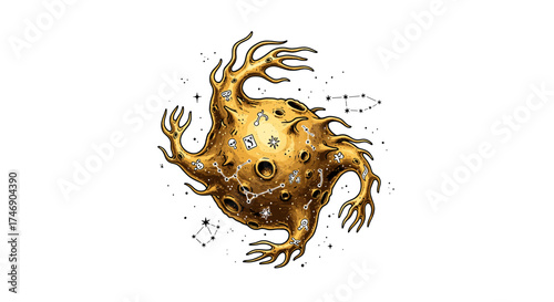 Golden celestial body with constellation maps and mysterious symbols illustration