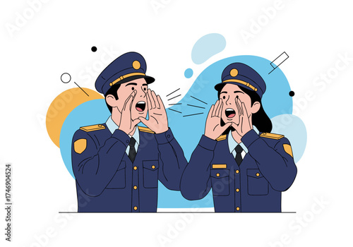 Two uniformed officers are loudly communicating with each other during an emergency situation.