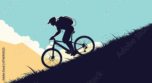 A person cycling downhill on a mountain bike. This is an illustrative image of extreme sports.

