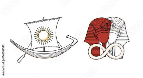 Egyptian Symbols: Solar Barque with Sun and Pharaoh Iconography Depiction