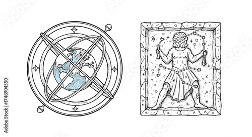Astrological Illustrations featuring Armillary Sphere and Orion Constellation Stone Carving