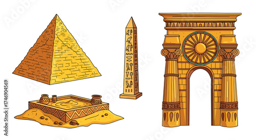 Ancient Egypt: Pyramid, Obelisk, Gate and Offering Table Illustration.