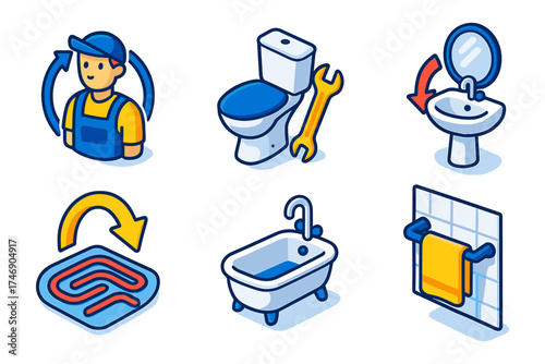 Isometric bathroom service icons , plumber avatar, toilet service, sink repair, floor heating, bathtub bath
