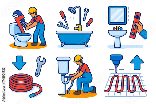 Isometric plumbing and heating icons ,toilet repair, bathroom tools, level mirror, hose coil, floor heating