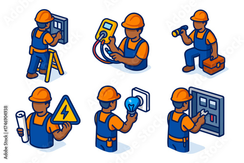 Isometric electrician workflow set ,laser tripod, multimeter test, flashlight check, blueprint plan, high voltage sign