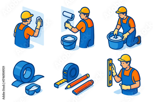 Isometric wall prep and painting icons , surface cleaning, roller painting, mixing bucket, masking tape, spirit level