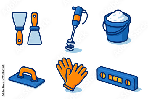 Isometric hand tools icons ,putty knives, mixing drill, mortar bucket, grout float, spirit level