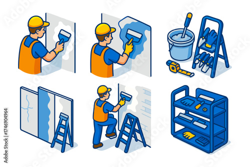 Isometric wall painting sequence , surface prep, primer coat, roller painting, corner rolling, tools shelf