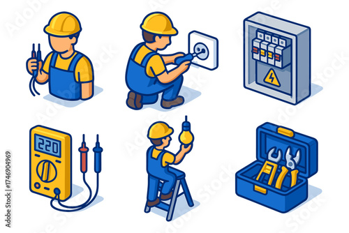 Isometric electrician tools and  tasks, wire stripping, socket install, breaker cabinet, voltmeter 220, bulb change