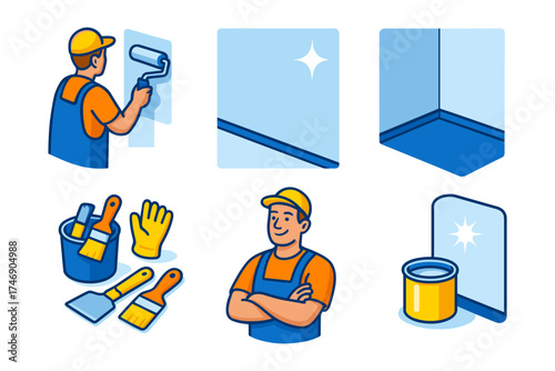 Isometric painting prep icons. wall roller, corner finish, baseboard edge, tool bucket, painter portrait