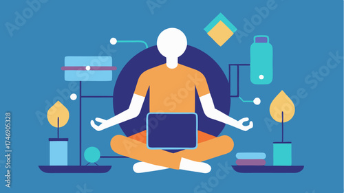 A virtual workout session with a stylized silhouette of a person performing yoga surrounded by connected devices.