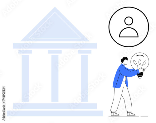 Person holding lightbulb approaching classical government building, representing innovation in public, educational, or financial institutions. Ideal for creativity, leadership, progress, reform