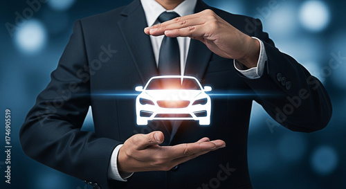 Businessman protects car with hands symbolizing vehicle insurance and safety in a modern digital environment for financial security and peace of mind