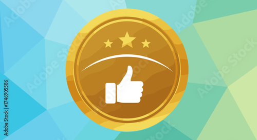 Certification badge depicted with stars and golden frame is presented on abstract polygonal background, offering trust. Certification badge communicates high standard approval, symbolizing quality,