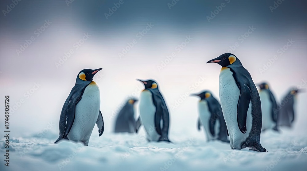 Fototapeta premium Elegant cinematic composition of penguins in snow, rich burgundy and deep blue tones with soft cinematic haze