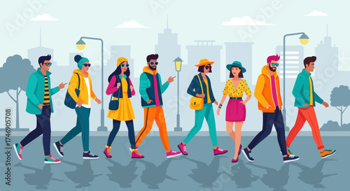 Urban fashion style on vibrant modern people. Energetic modern people dressed in colorful clothing demonstrate urban fashion style, portraying carefree lifestyles and stylish trends.