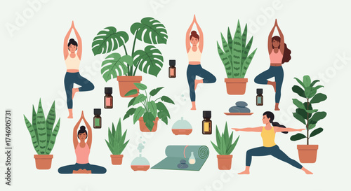 Wellness lifestyle with yoga poses depicted alongside lush potted plants and essential oils. Wellness lifestyle promotes relaxation, mindfulness and connection with nature. Embrace wellness lifestyle,