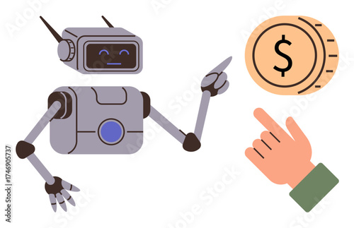 Robot pointing at a coin, with a human hand interacting alongside. Ideal for concepts thumbs up automation, finance, AI integration, technology evolution, robotics, innovation digital economy. A